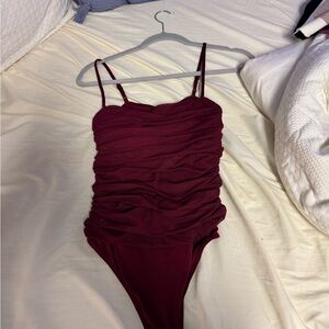 Express Burgundy Ruched Bodysuit